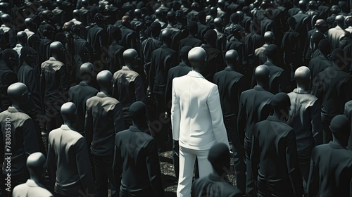 Stand out in the crowd concept, a black man wearing a white suit in a crowd of oversized black suits.