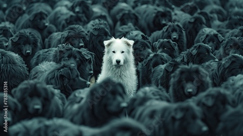 Stand out in the crowd. Idea, A white dog in a large pack of black dogs