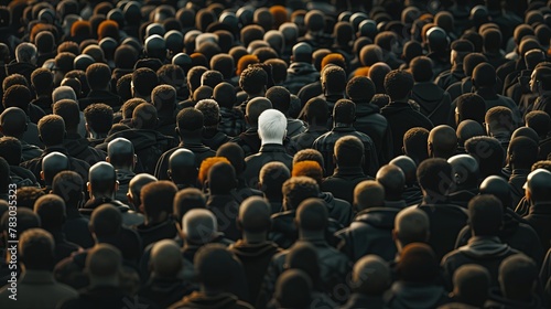 Stand out in the crowd. Idea: A white man in a large crowd of black men.