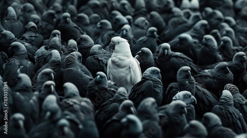 Stand out in the crowd. Idea: A white parrot in a large flock of black parrots.