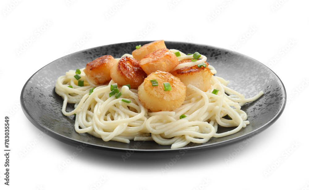 Delicious scallop pasta with green onion in plate isolated on white Delicious scallop pasta with green onion in plate isolated on white