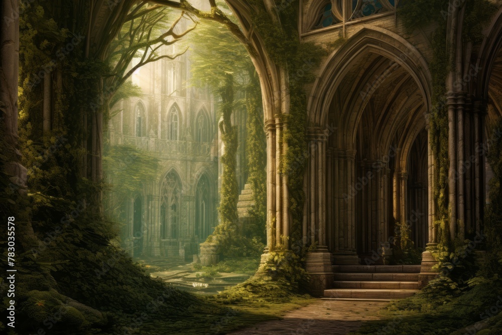 Majestic forest cathedral with towering trees forming an archway