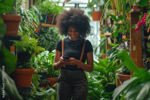 Smiling Florist Checking Messages Among Lush Plant Collection