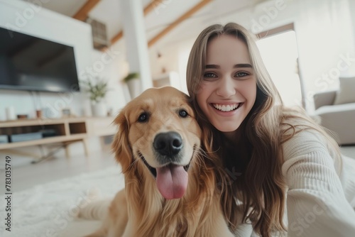 Cheerful woman and her faithful golden retriever posing for a selfie at home