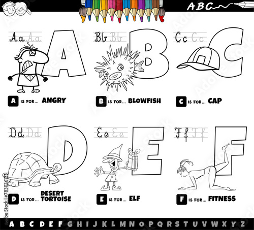 educational cartoon alphabet letters set from A to F color page