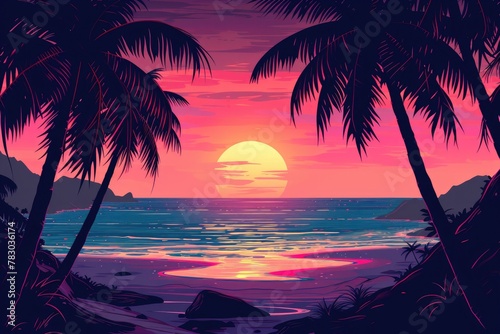 Serene Sunset: Palm-lined Tropical Shore © Andrii 