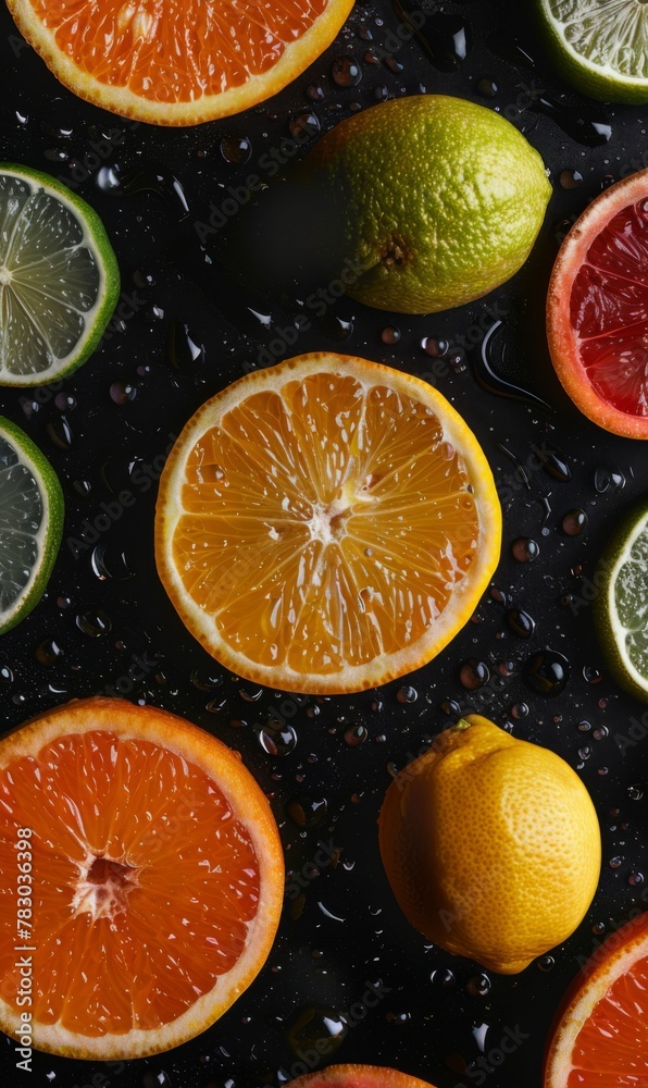 water drops on various citrus fruits, lemon, orange , black background water drops on various citrus fruits, lemon, orange , black background