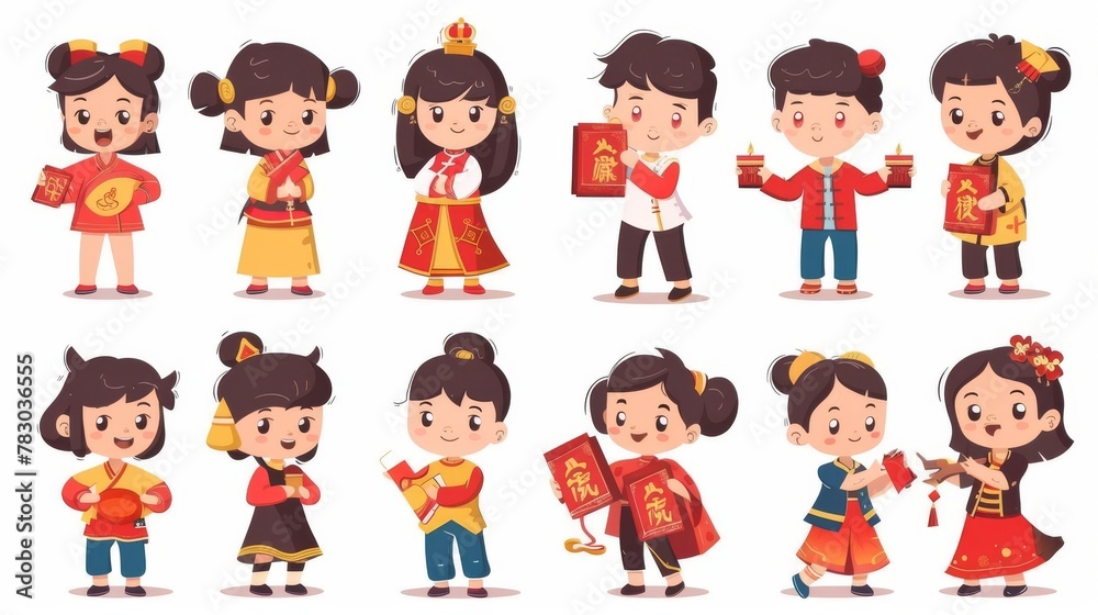 Kids characters doing different things on Spring Festival, including writing calligraphy, hanging couplets, and receiving red envelopes. Kids characters doing different things on Spring Festival, including writing calligraphy, hanging couplets, and receiving red envelopes.