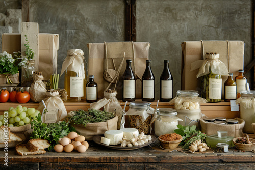 Craft a minimalist food hamper featuring a curated selection of organic ingredients sourced from sustainable farms, arranged with precision and elegance against a backdrop of natural wood and neutral  photo
