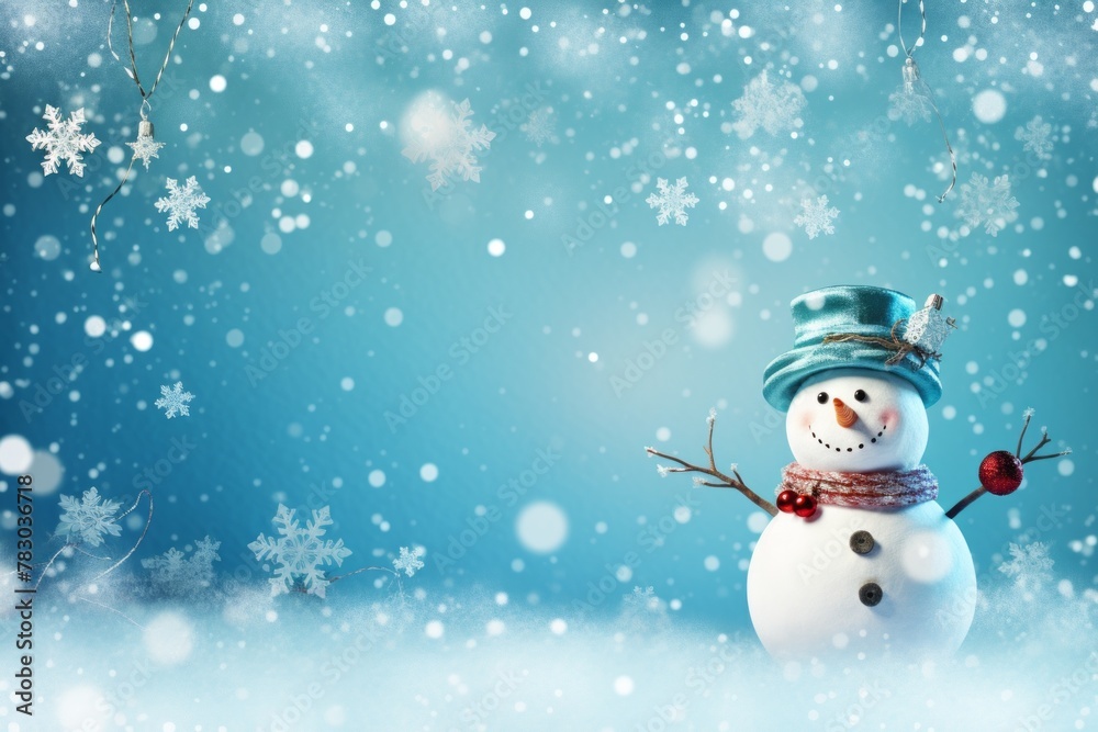 Playful snowman and snowflakes on a wintry blue background.