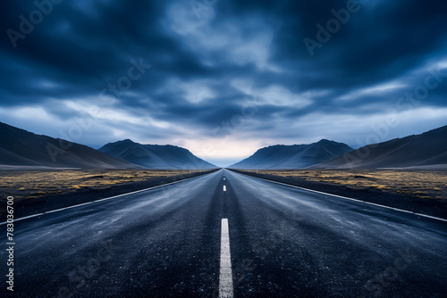 Empty asphalt road  dark cloudy weather