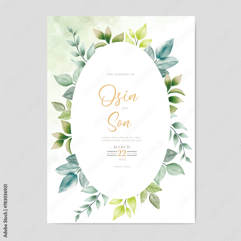 Obraz premium Elegant watercolor wedding invitation card template design with green leaves 