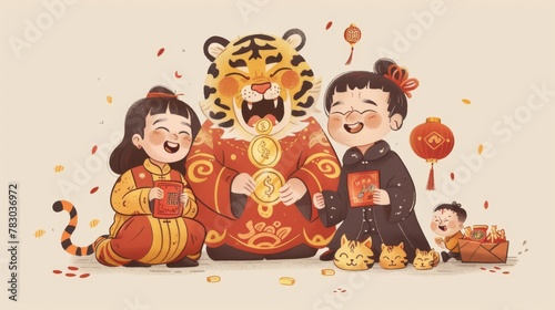 Illustration of Asian family members, a tiger biting a gold coin, and red envelopes with lucky money for 2022 Chinese New Year