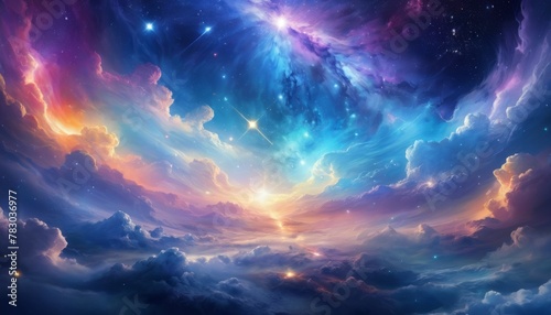 A mesmerizing scene of pastel-hued cosmic clouds with sparkling stars and tranquil beauty  capturing the serenity and vastness of the universe for space aesthetics. AI Generation