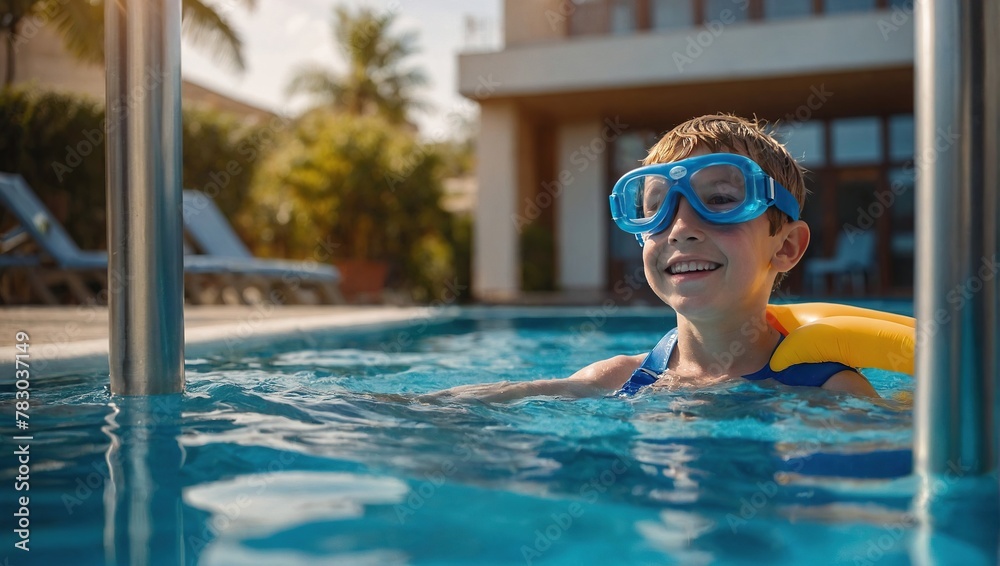 boy swims in the pool wearing glasses, snorkeling, diving