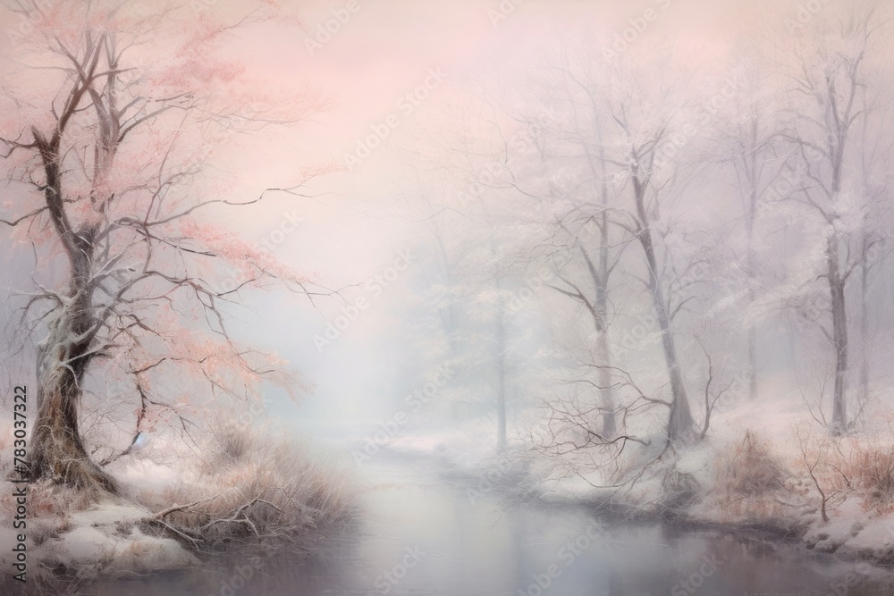 Soft pastel hues merging together in a dreamy and ethereal winter landscape, invoking a sense of magic.