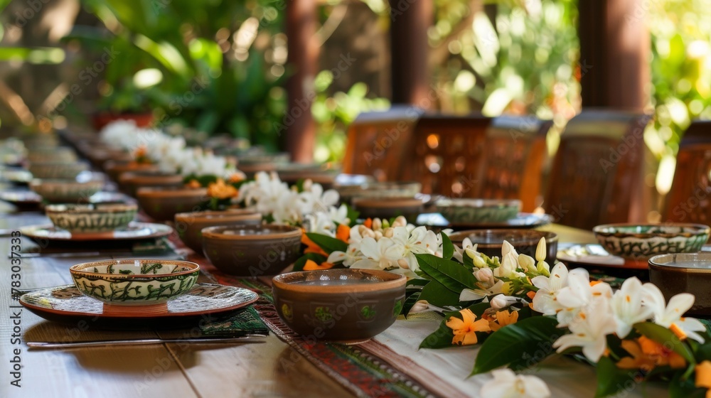 A festive Songkran table setting complete with water bowls and jasmine garlands