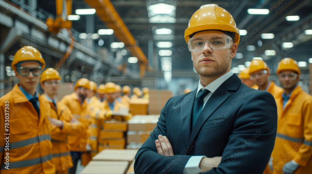 Workers in a warehouse with a businessman Workers in a warehouse with a businessman