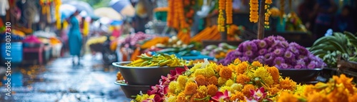 A festive Songkran market vibrant with colors and scents of jasmine garlands