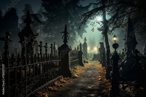 Spooky graveyard with a wrought iron fence. photo