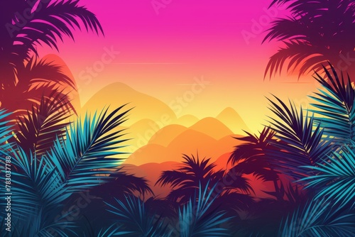 Tropical and summery social media background with palm leaves and sunsets © KerXing