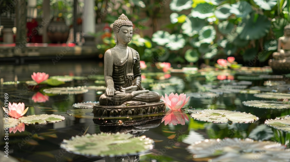 A serene pond reflecting a Buddha statue adorned for Songkran A serene pond reflecting a Buddha statue adorned for Songkran