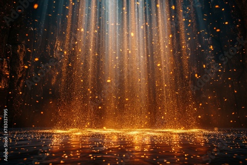 A magical depiction of an enchanted forest with rays of light piercing through  illuminating golden sparkles in the air