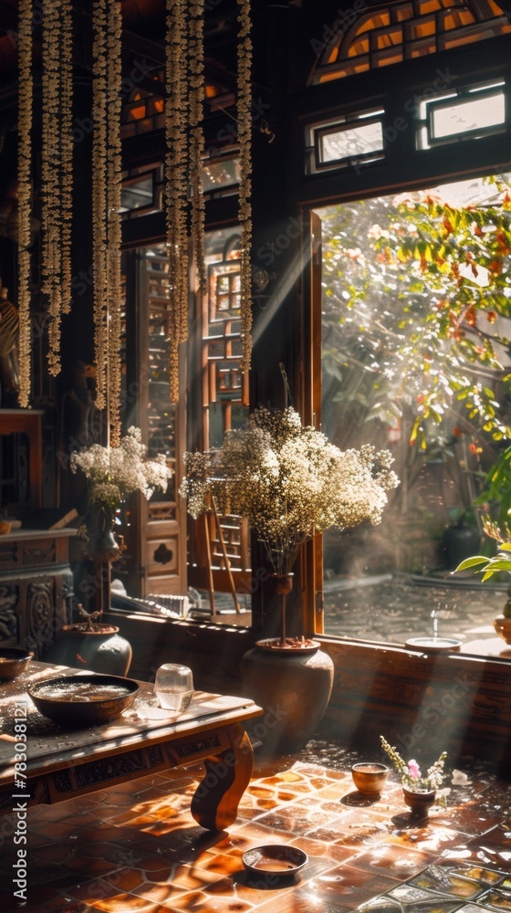 A serene Songkran altar in a home water bowls set beside jasmine garlands