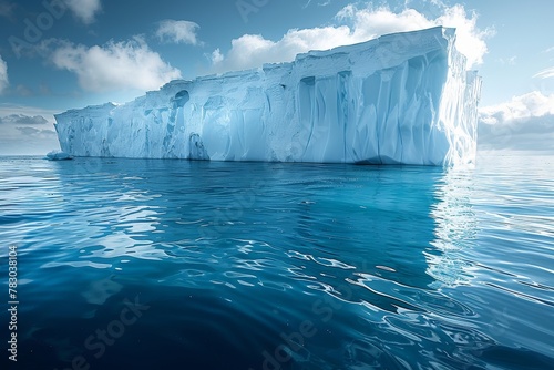 A massive iceberg with a stark white surface reflecting against the blue ocean waters, displaying nature's grandeur