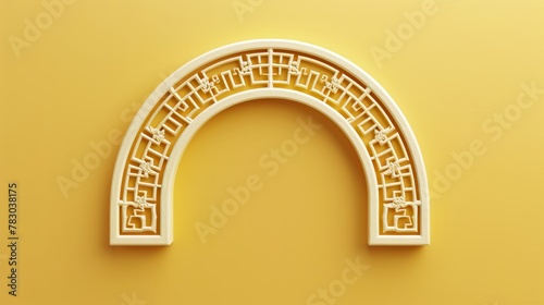 On a yellow background, a 3D Chinese semicircle window tracery can be seen photo
