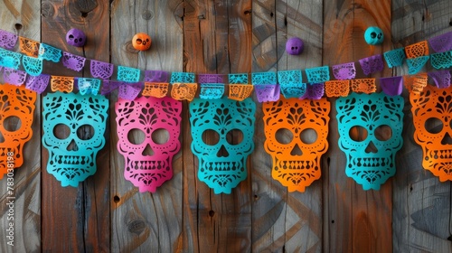 Three-dimensional paper picado garland with Mexican symbols for Dia de Los Muertos in multicolor