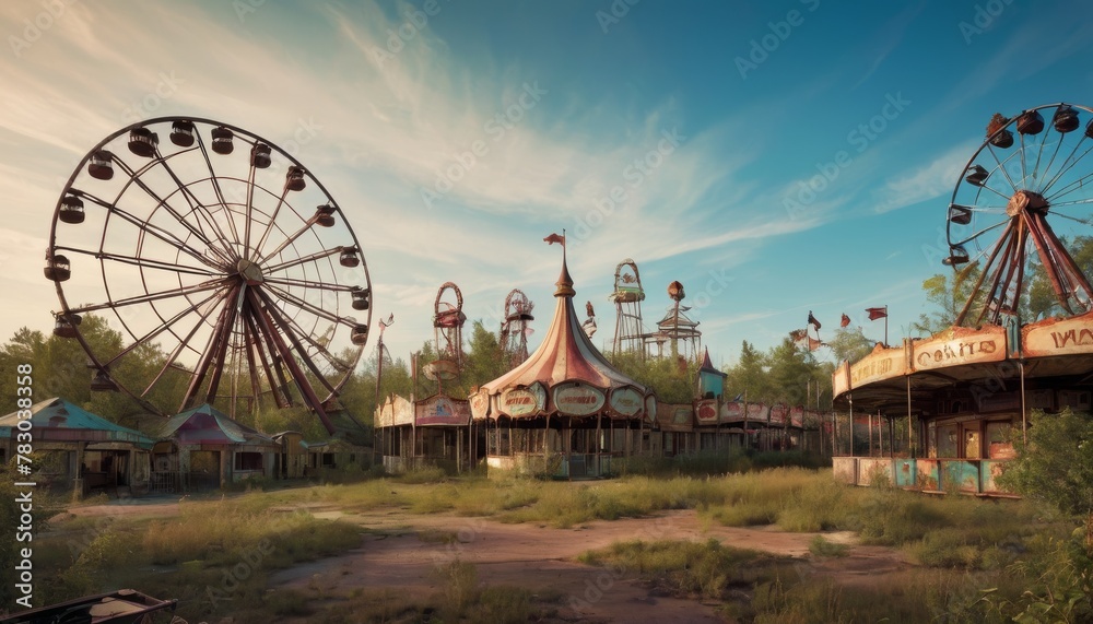 A once joyful amusement park, now silent and overgrown, stands as a testament to the passage of time. AI Generation