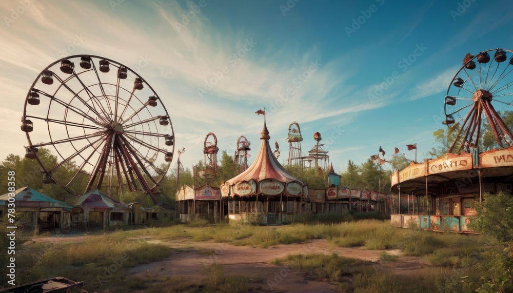 A once joyful amusement park, now silent and overgrown, stands as a testament to the passage of time. AI Generation A once joyful amusement park, now silent and overgrown, stands as a testament to the passage of time. AI Generation