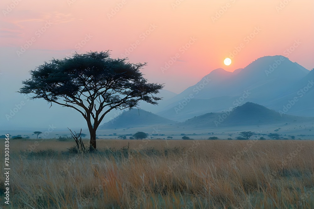 Dusk's Serenity: African Savanna at Twilight. Concept Landscape Photography, African Wildlife, Twilight Colors, Nature's Beauty, Safari Experience Dusk's Serenity: African Savanna at Twilight. Concept Landscape Photography, African Wildlife, Twilight Colors, Nature's Beauty, Safari Experience