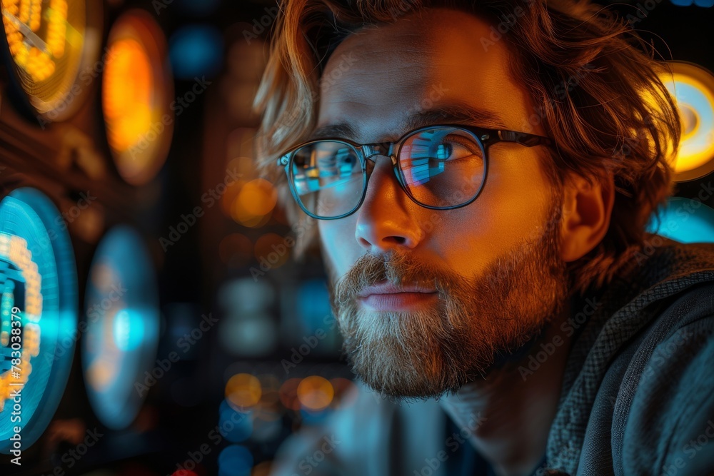 A man's partially obscured face adds mystery as he stands before glowing neon arcade games in a dimly lit room A man's partially obscured face adds mystery as he stands before glowing neon arcade games in a dimly lit room