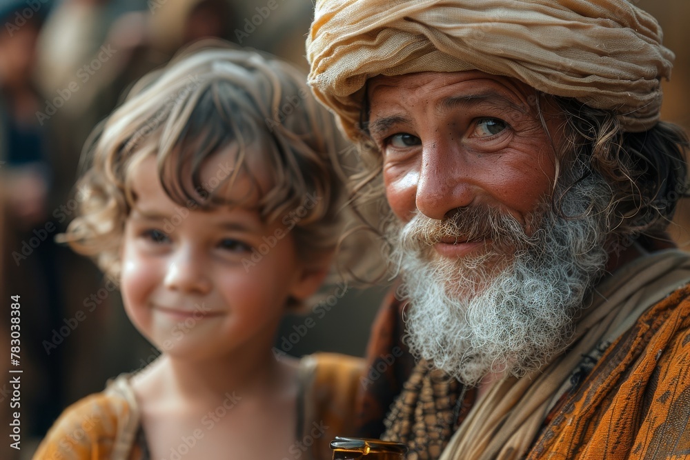 Obraz premium A senior man with a white beard and a young boy with curly hair smile joyfully in a close-up shot