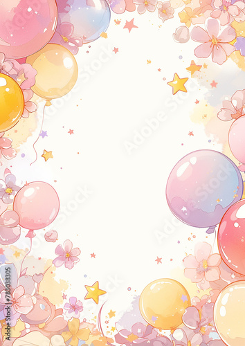 A colorful children's frame of balloons and stars. The balloons are in various colors and sizes, and the stars are scattered throughout the frame. Scene is cheerful and celebratory