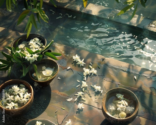 A serene Songkran morning jasmine garlands delicately placed beside bowls of water
