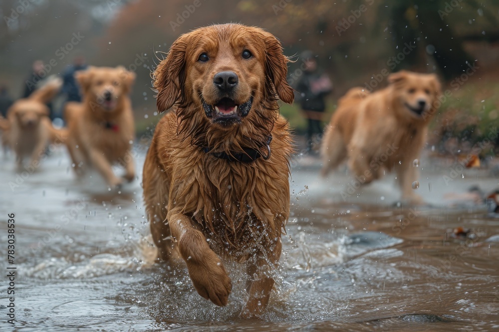 An energetic golden retriever splashes through the water in a dynamic display of playfulness and vitality An energetic golden retriever splashes through the water in a dynamic display of playfulness and vitality