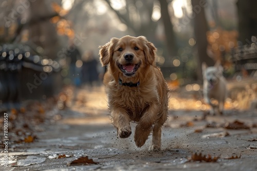 A golden retriever dashes forward on an autumnal path, embodying enthusiasm and the joy of freedom photo