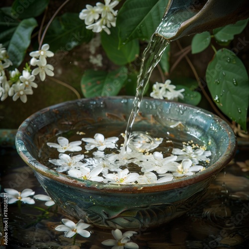 A snapshot of Songkrans essence water gently poured from a bowl adorned with jasmine photo