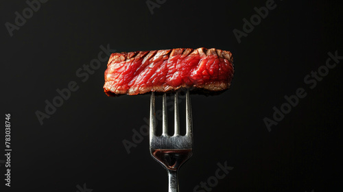 Fork with slices of beef steak medium rare, black clean background. Aesthetic restaurant concept. Generative AI