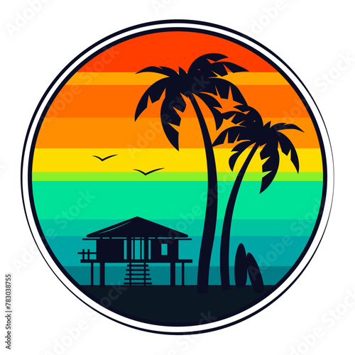 Beach lifeguard station, palm trees and surfboard silhouette against sunset sky, summer vacation concept, vector illustration, logo template, emblem, badge.