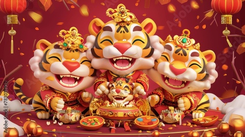 Three cute tigers in Chinese costumes and fortune symbols are included in the 2022 Year of the Tiger graphics pack. © Mark