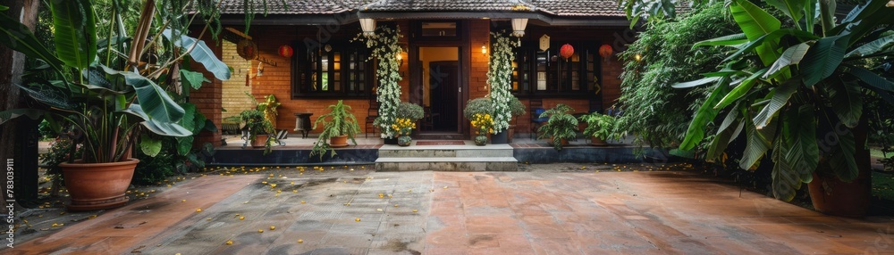 A traditional Songkran welcome a home entrance adorned with jasmine garlands