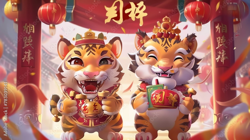 Bringing in wealth and treasures and Caishen sending blessings are written in Chinese on the couplet and the left side of the card in the Year of The Tiger 2022.