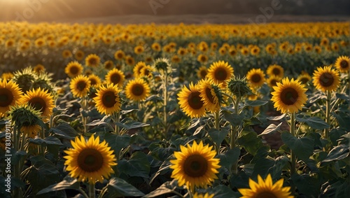 Fields of bright yellow sunflowers turning their faces to follow the journey of the sun Generative AI