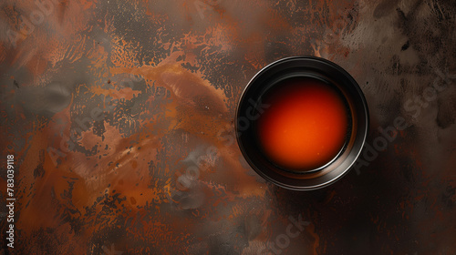 Rich caramel sauce in a black ceramic dish against a textured dark backdrop with vibrant orange splashes. The composition highlights the glossy sheen and smooth consistency