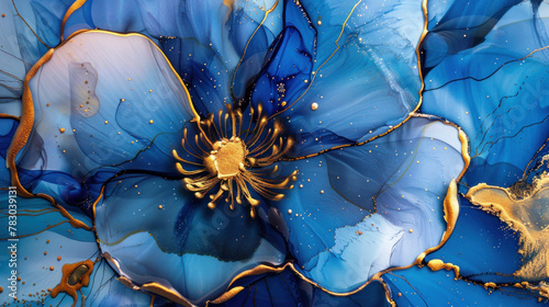 Beautiful spring royal blue gold flower decorative background as wallpaper illustration, Elegant Royal Blue Gold Flower