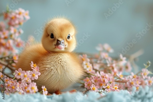 A close-up of an enchanting duckling nestled amongst soft pink cherry blossoms